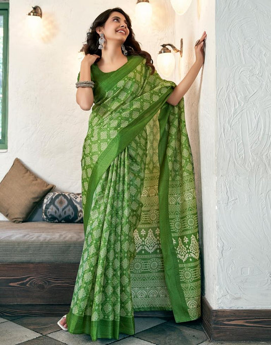 Olive Green Silk Printed Saree