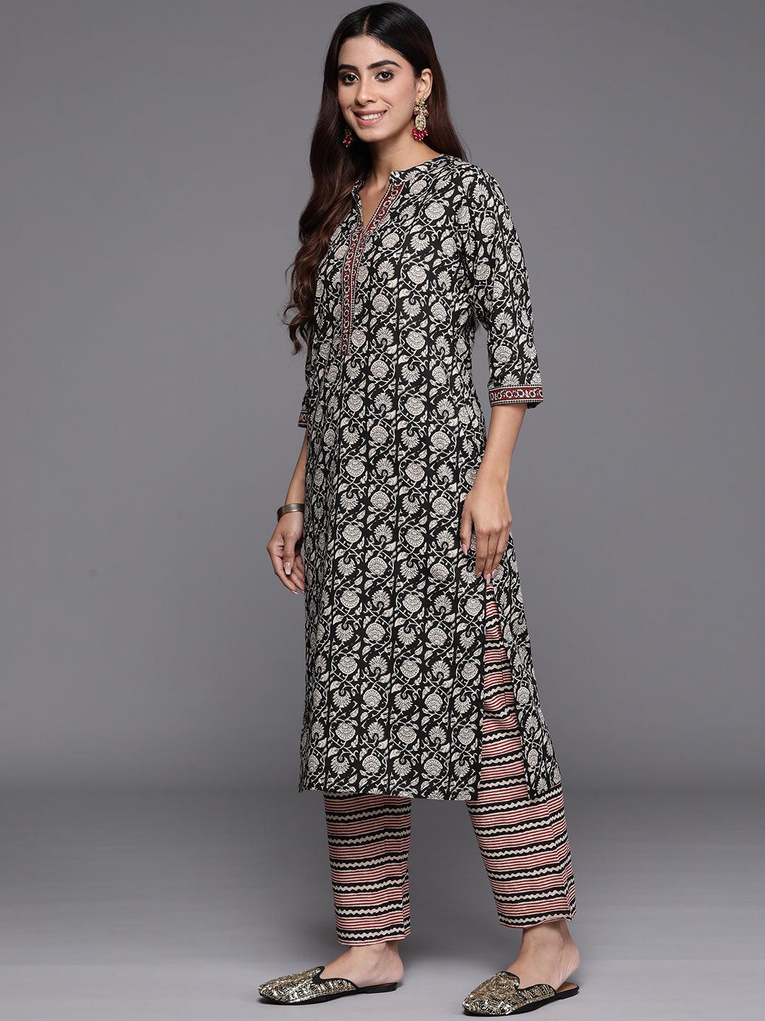 Black Printed Cotton Straight Suit With Dupatta