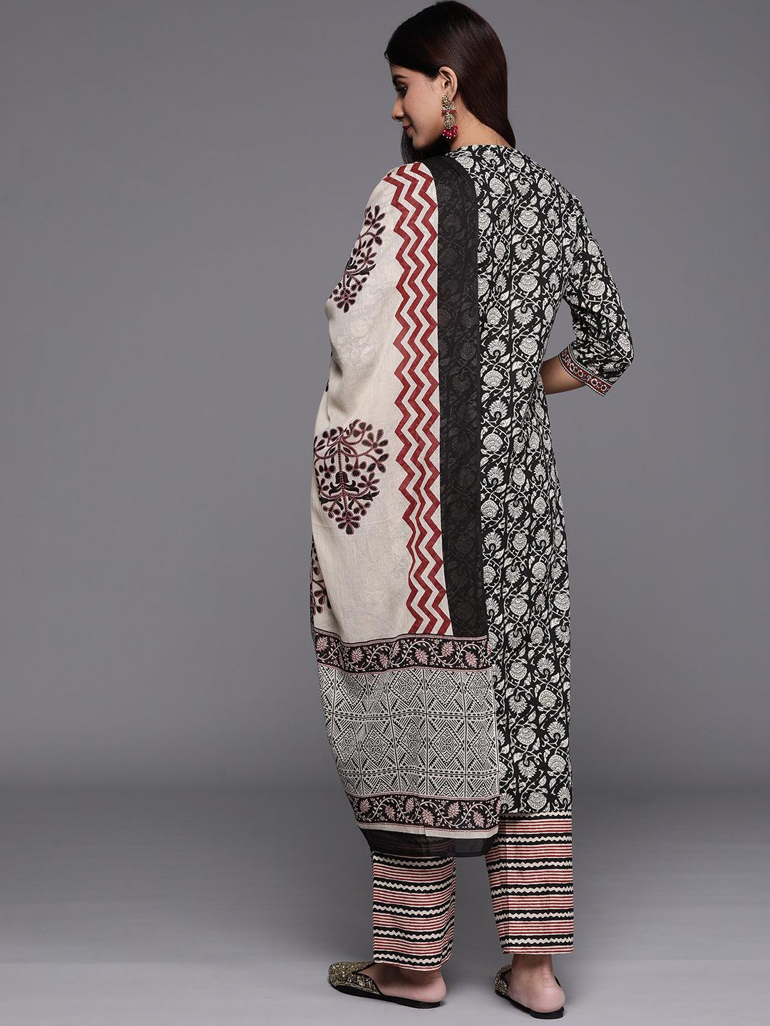 Black Printed Cotton Straight Suit With Dupatta