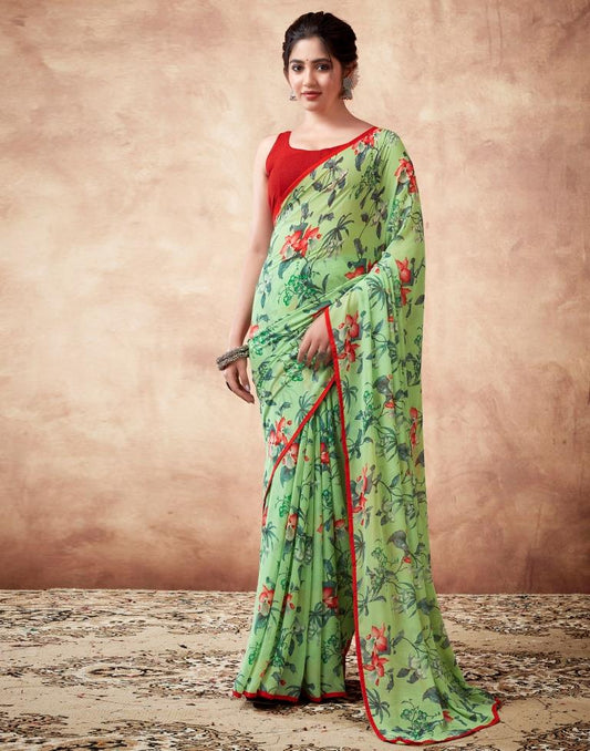 Parrot Green Georgette Printed Sarees