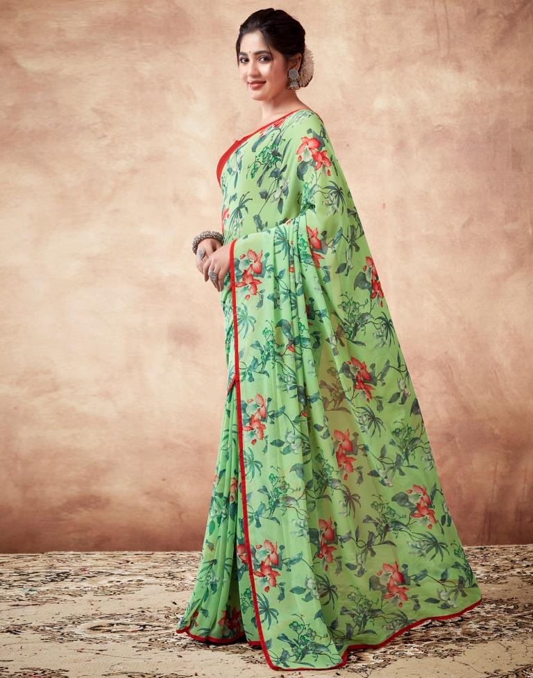 Parrot Green Georgette Printed Sarees