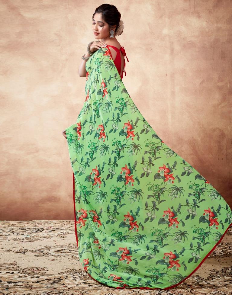 Parrot Green Georgette Printed Sarees