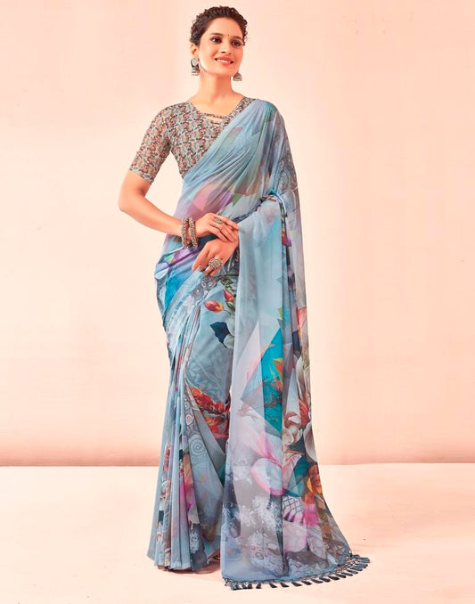 Gray Georgette Printed Sarees