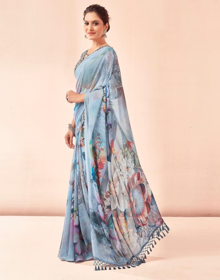 Gray Georgette Printed Sarees