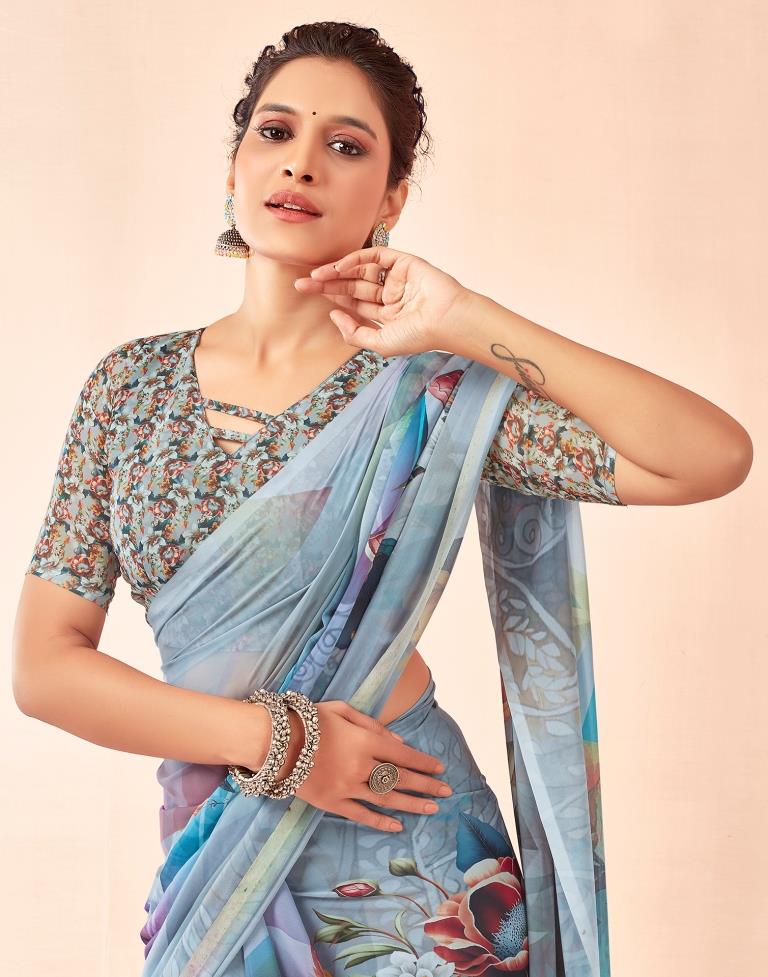 Gray Georgette Printed Sarees