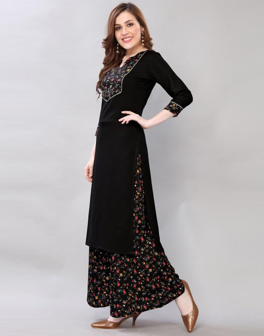 Black Coloured Rayon Printed Kurti With Palazzo