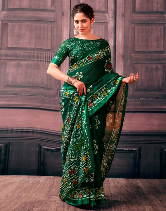 Green Cotton Printed Sarees