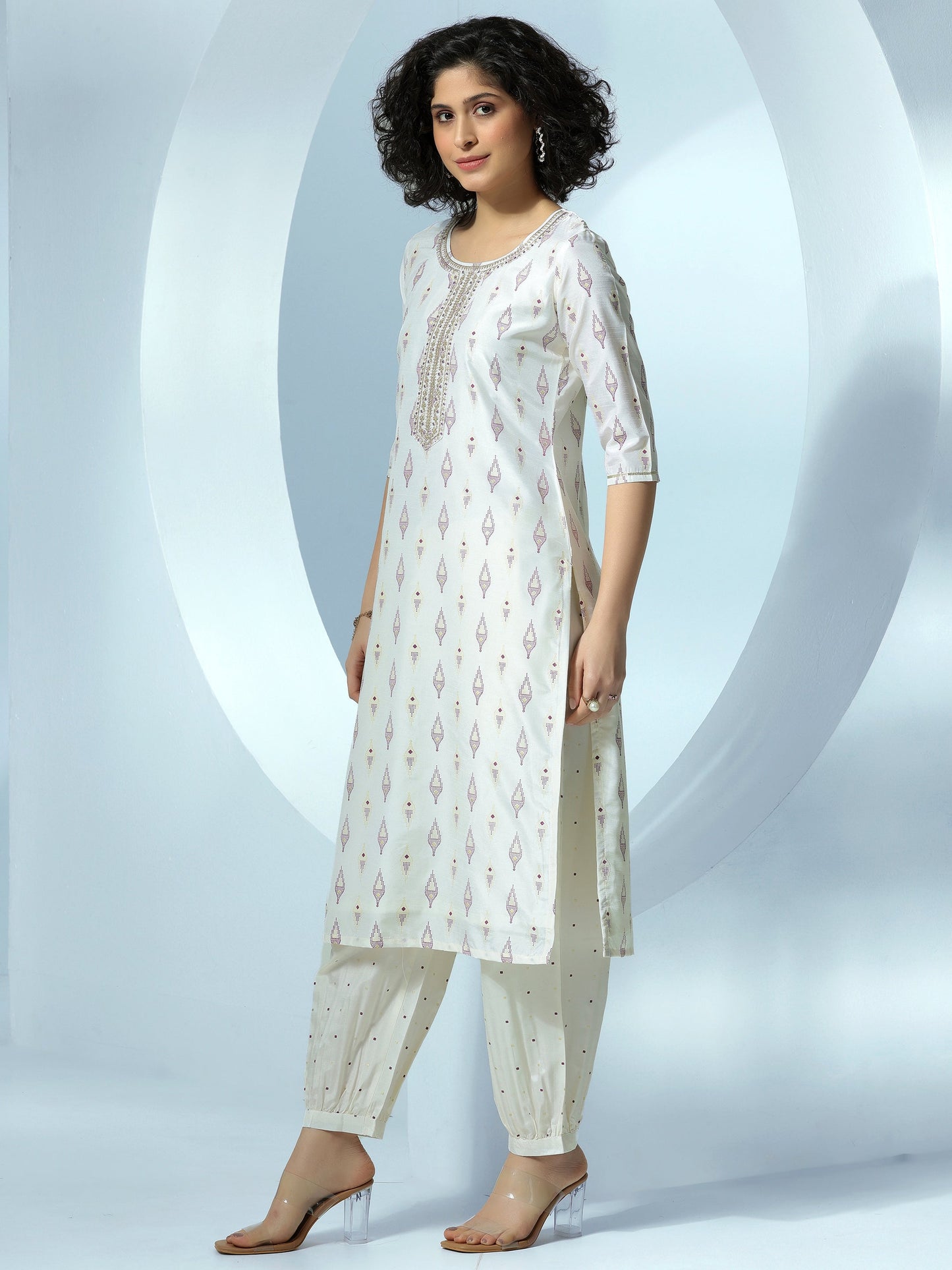 Off White Printed Silk Blend Straight Suit With Dupatta