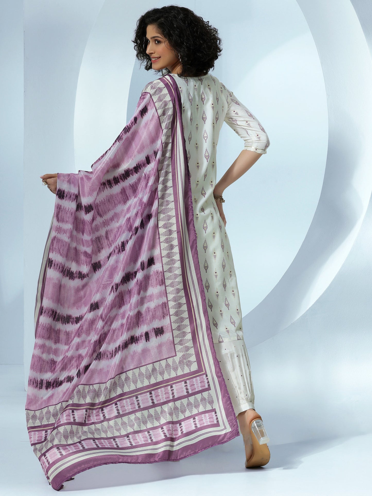 Off White Printed Silk Blend Straight Suit With Dupatta