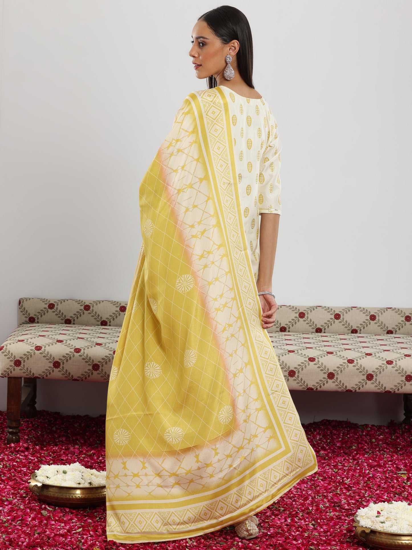 Off White Printed Silk Blend Straight Suit With Dupatta