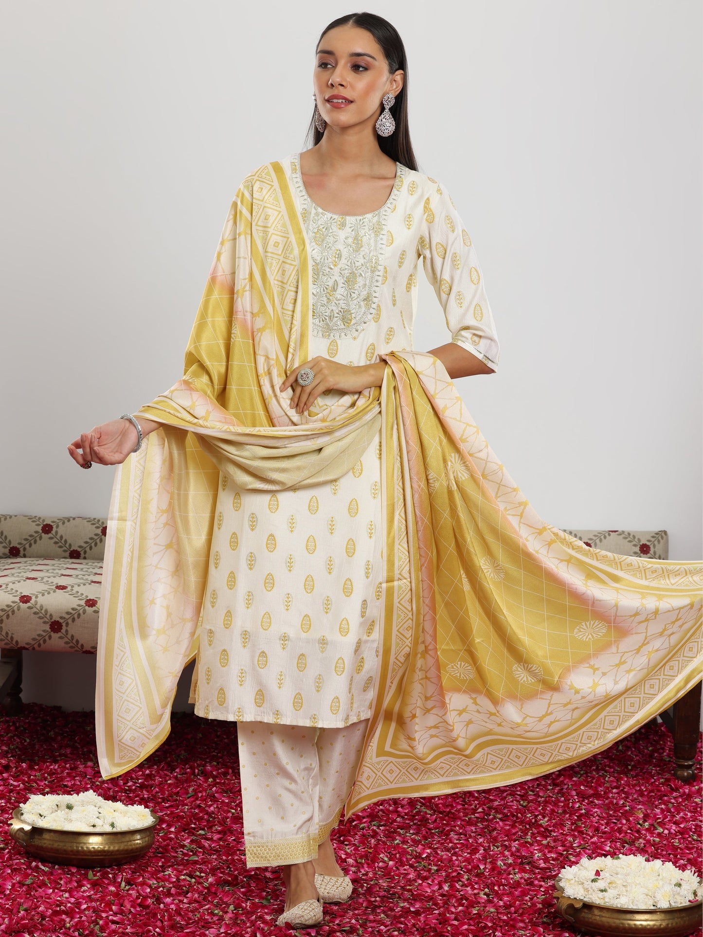 Off White Printed Silk Blend Straight Suit With Dupatta