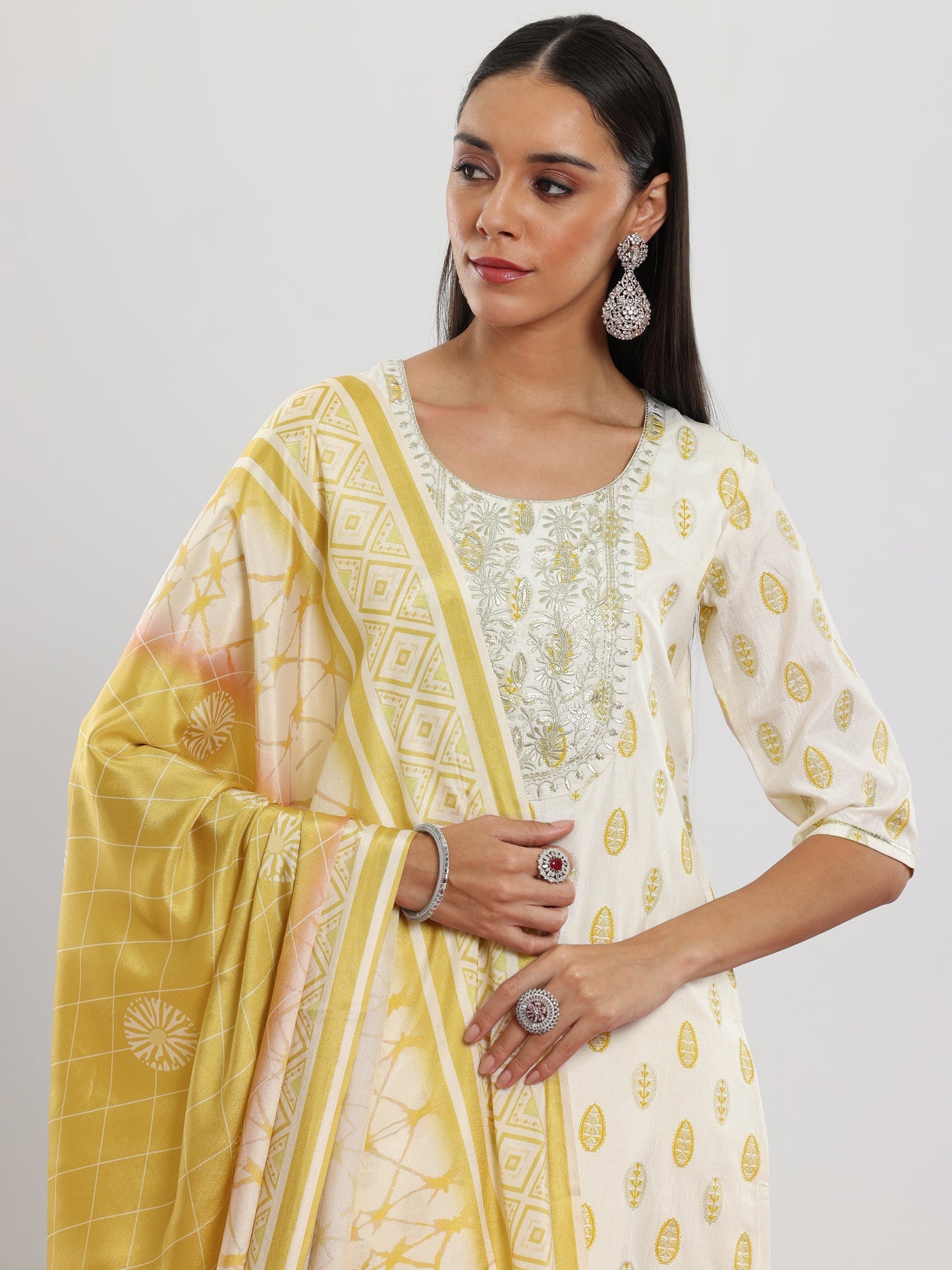 Off White Printed Silk Blend Straight Suit With Dupatta