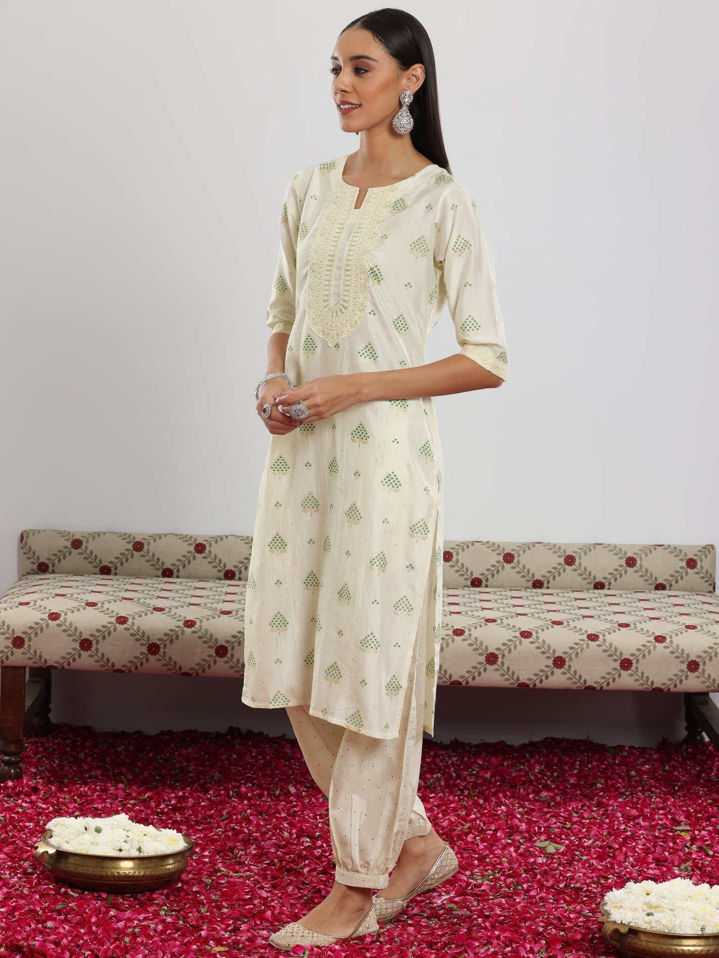 Off White Printed Silk Blend Straight Suit With Dupatta