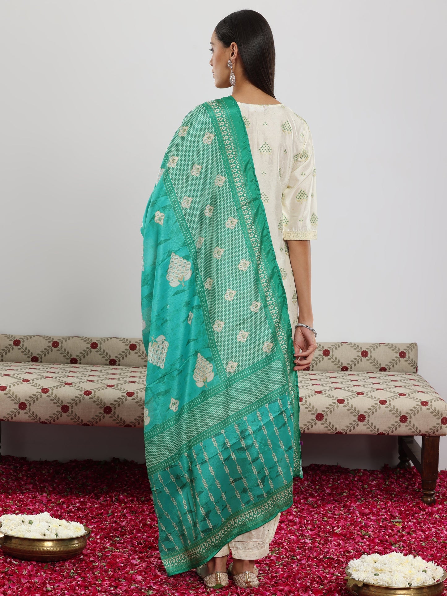 Off White Printed Silk Blend Straight Suit With Dupatta