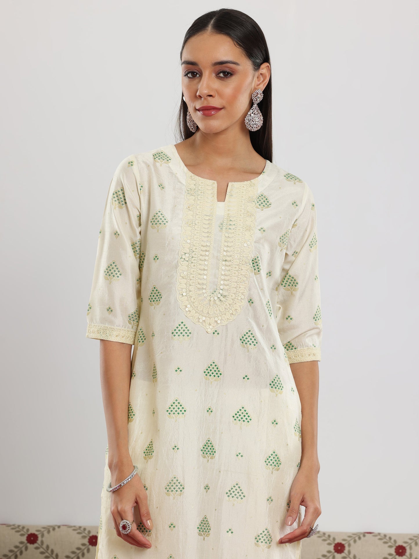 Off White Printed Silk Blend Straight Suit With Dupatta