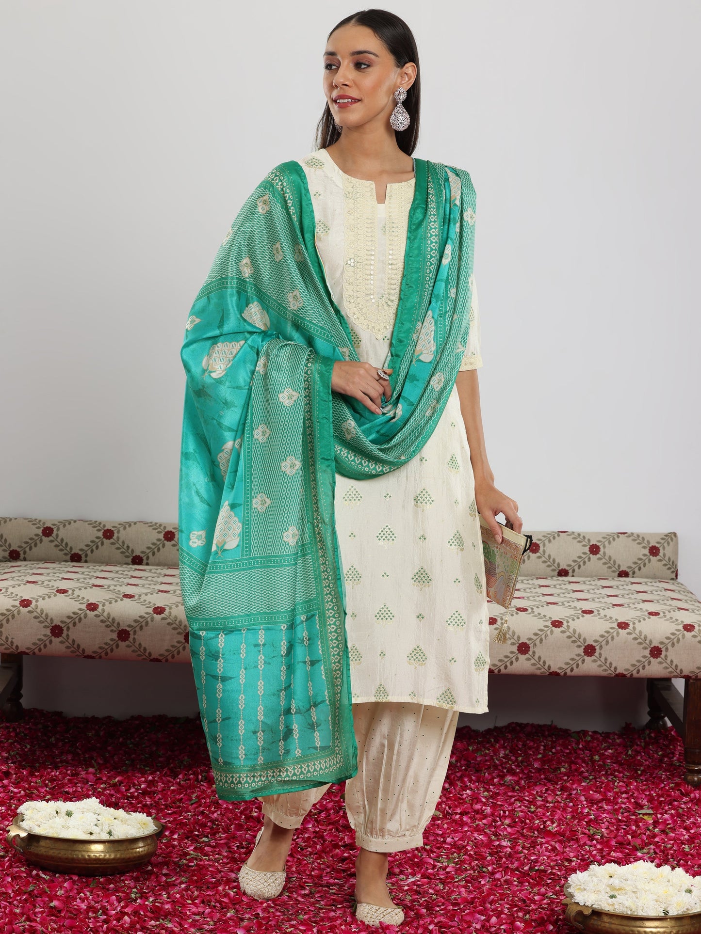 Off White Printed Silk Blend Straight Suit With Dupatta