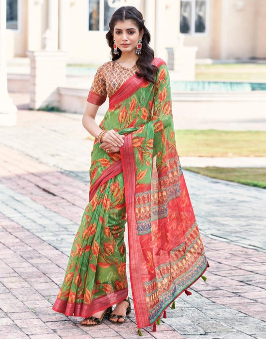 Green Linen Printed Sarees