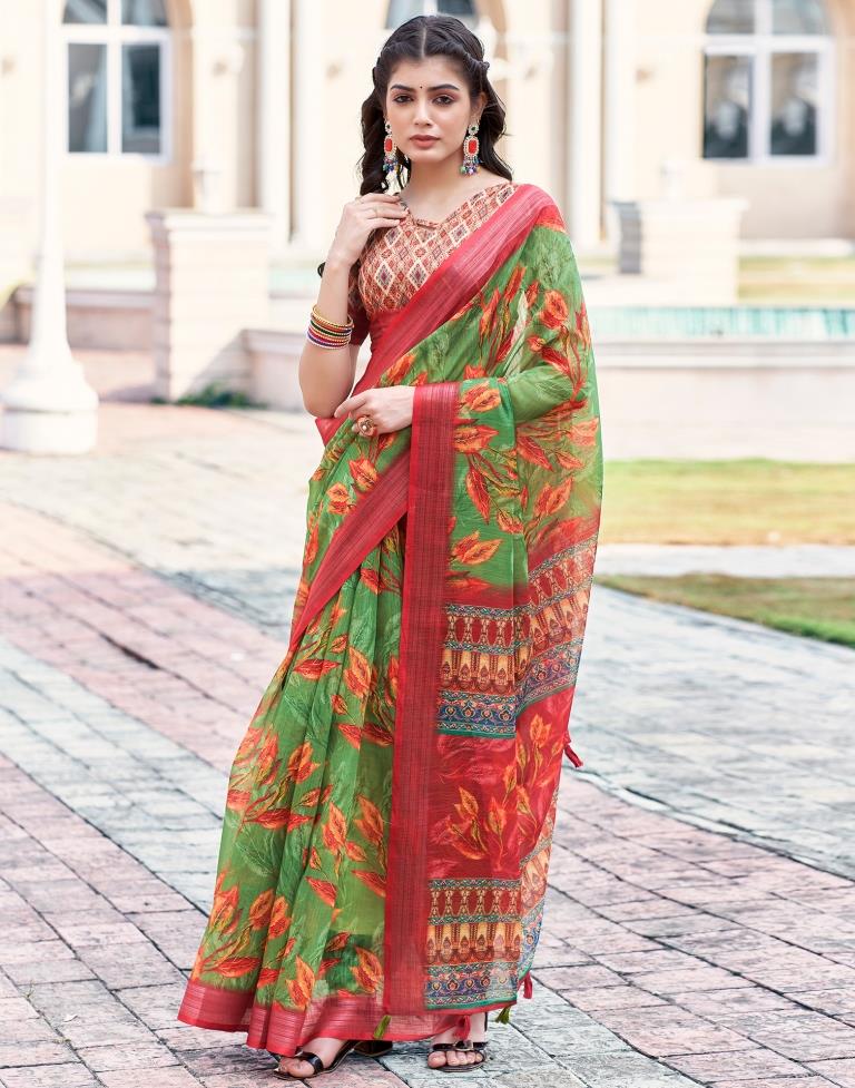 Green Linen Printed Sarees