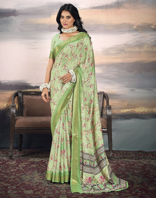 Parrot Green Silk Printed Saree