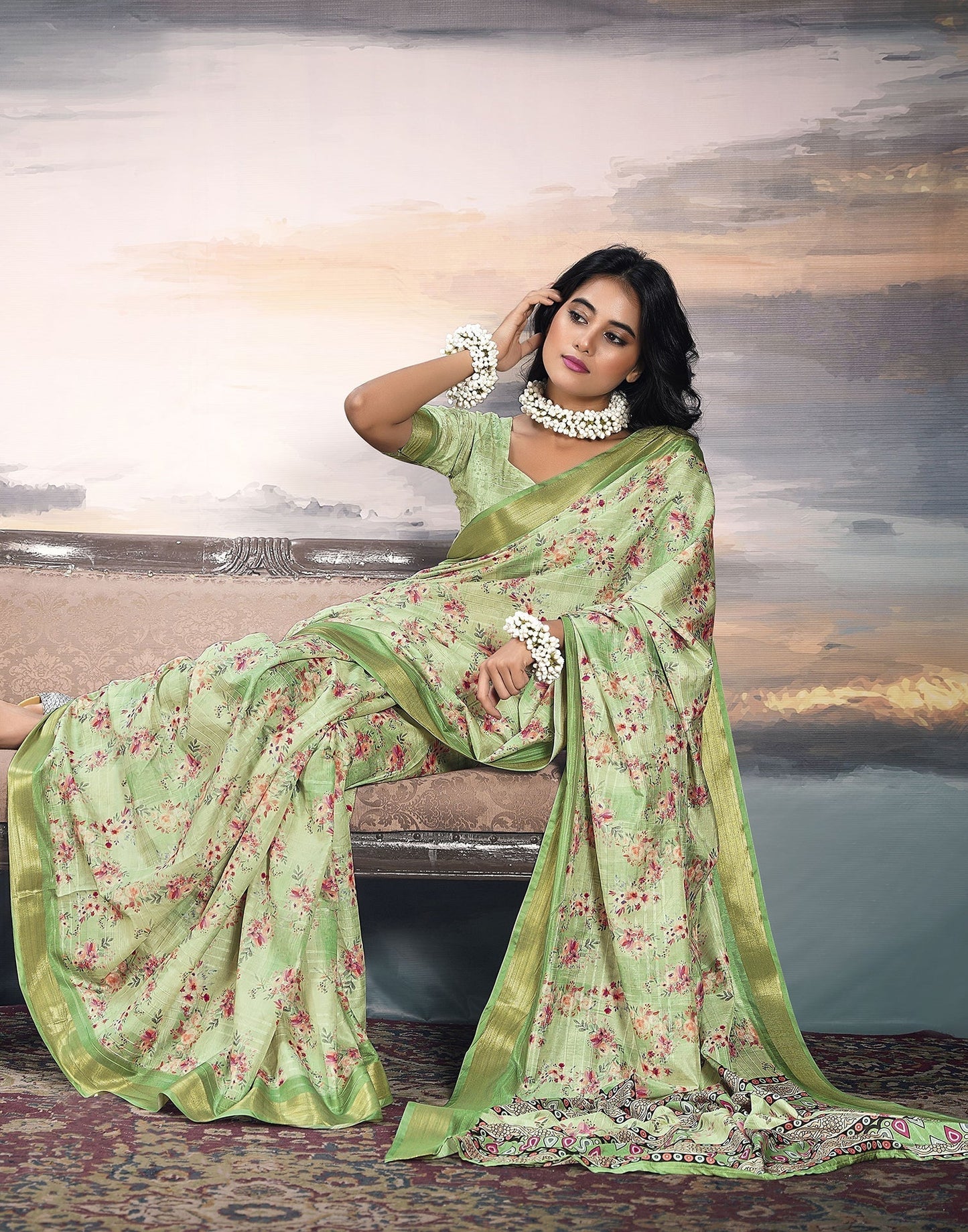 Parrot Green Silk Printed Saree