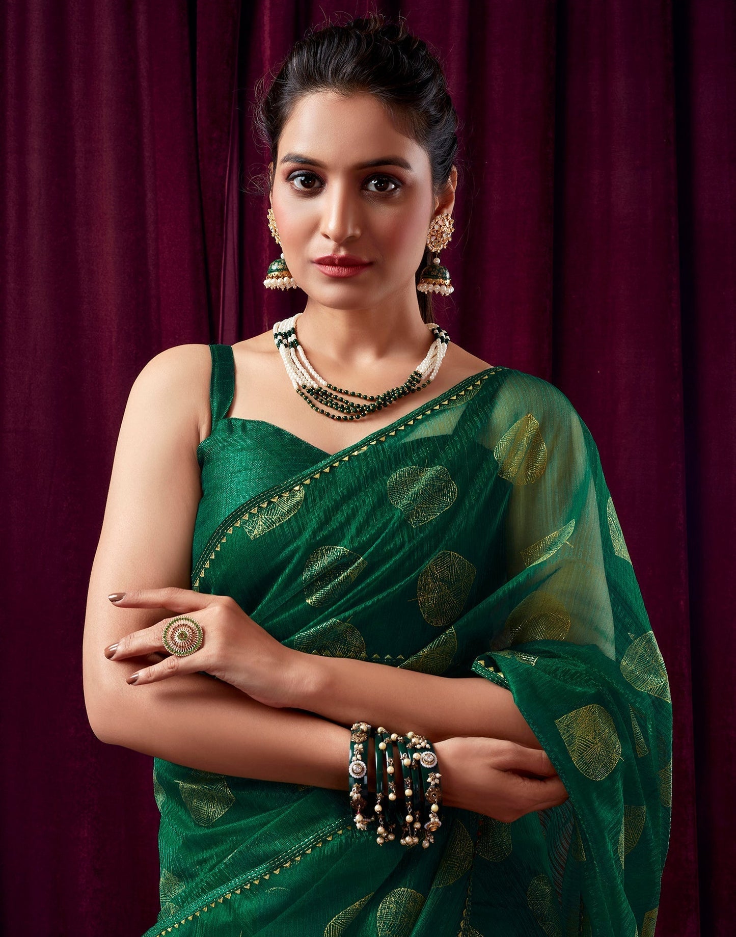 Green Net Plain Saree