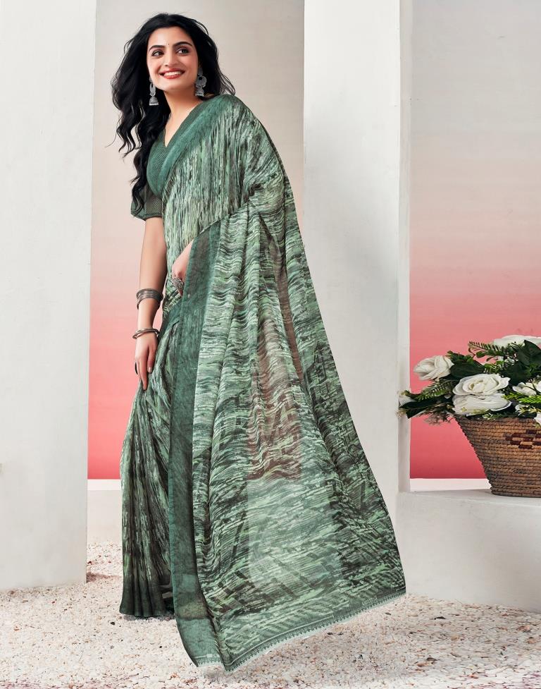 Olive Green Chiffon Printed  Saree