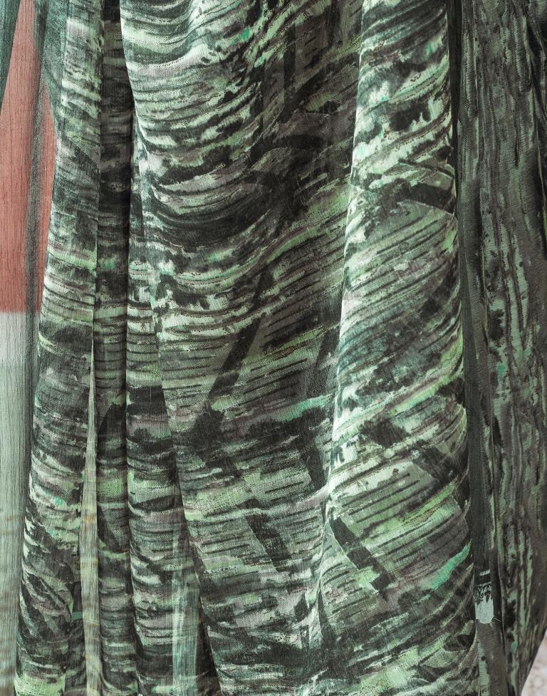 Olive Green Chiffon Printed  Saree