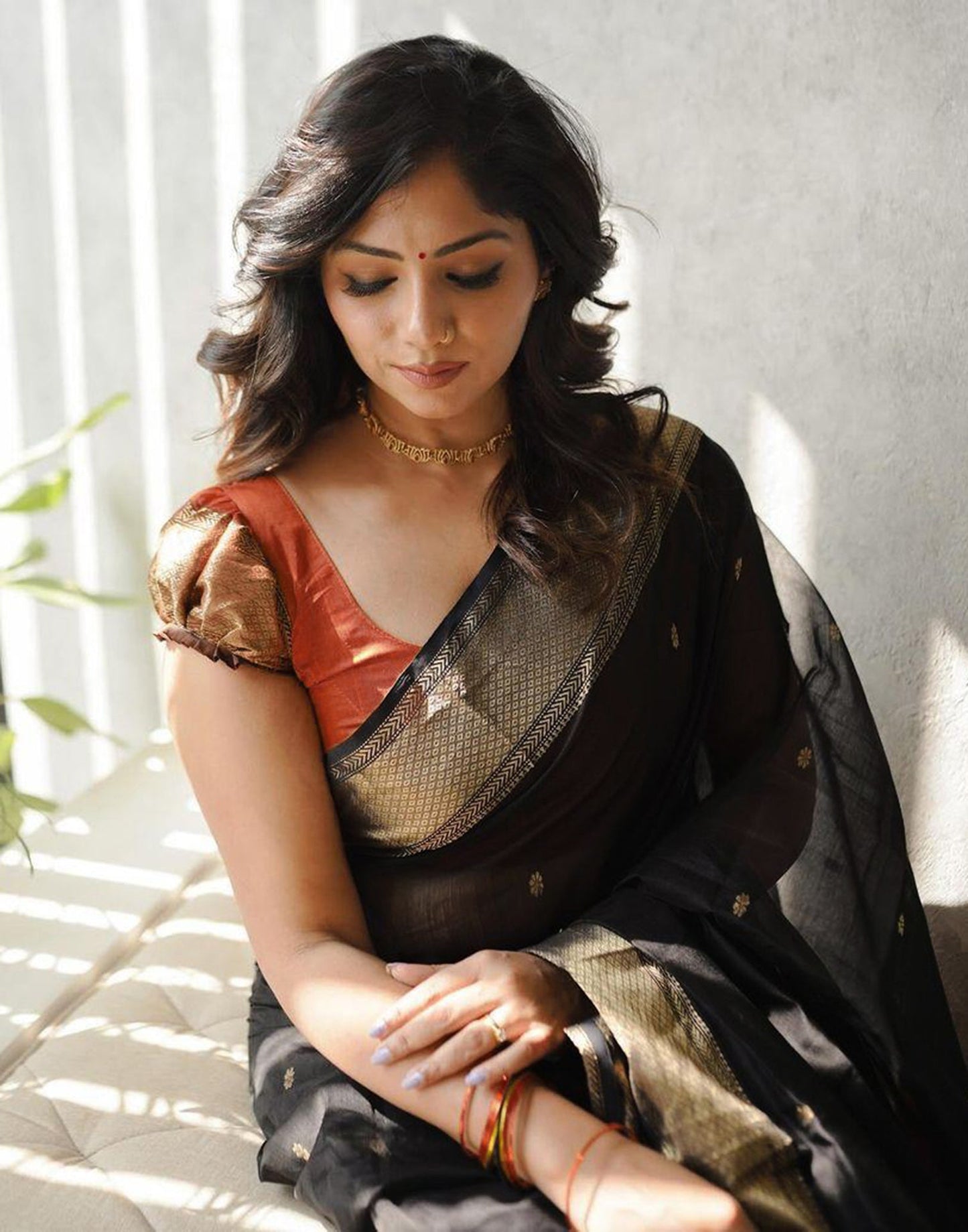 Black Cotton Plain Saree