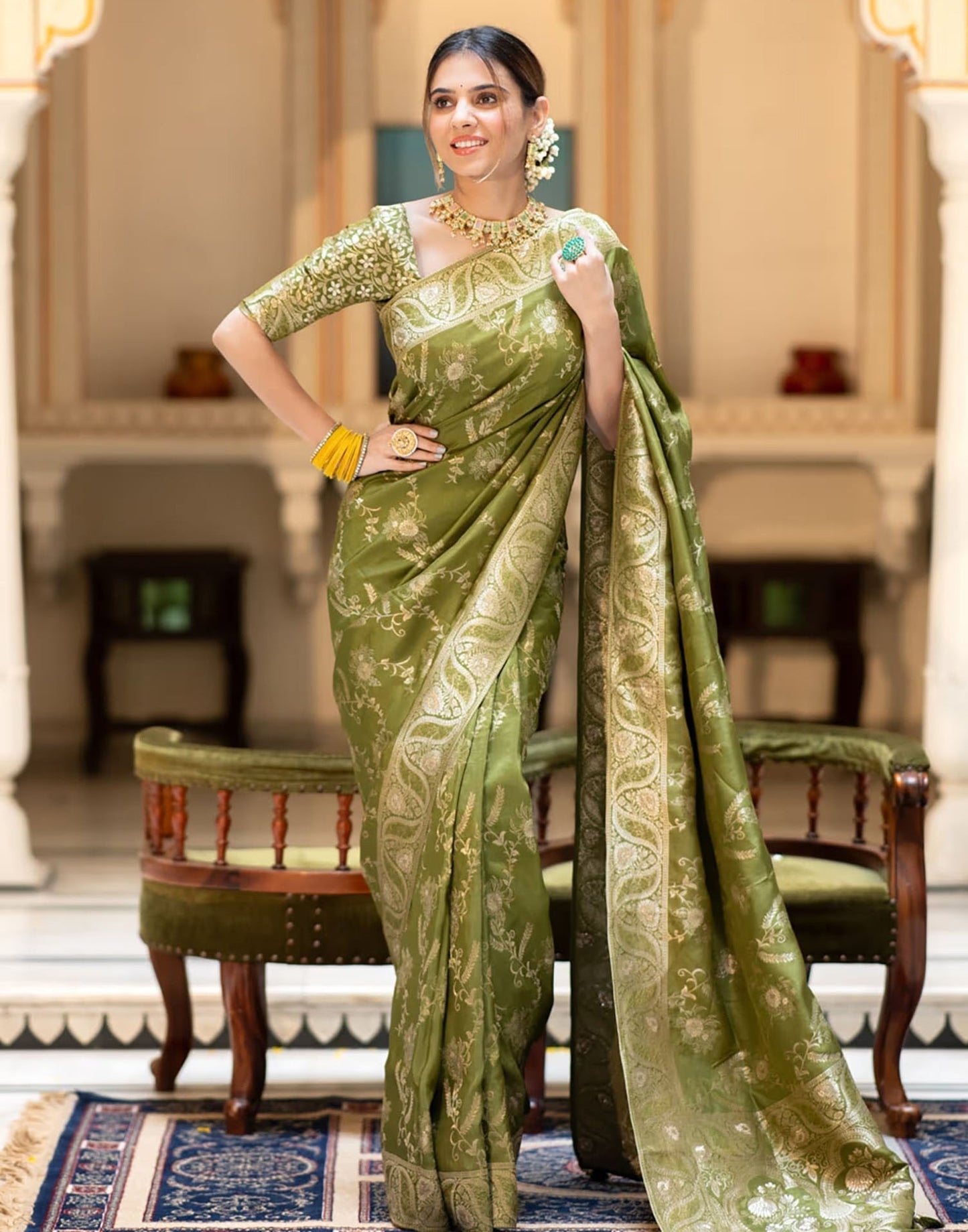 Olive Green Silk Plain Saree