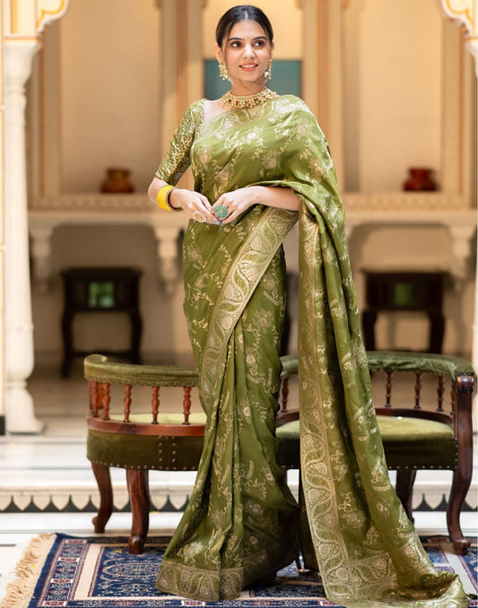 Olive Green Silk Plain Saree