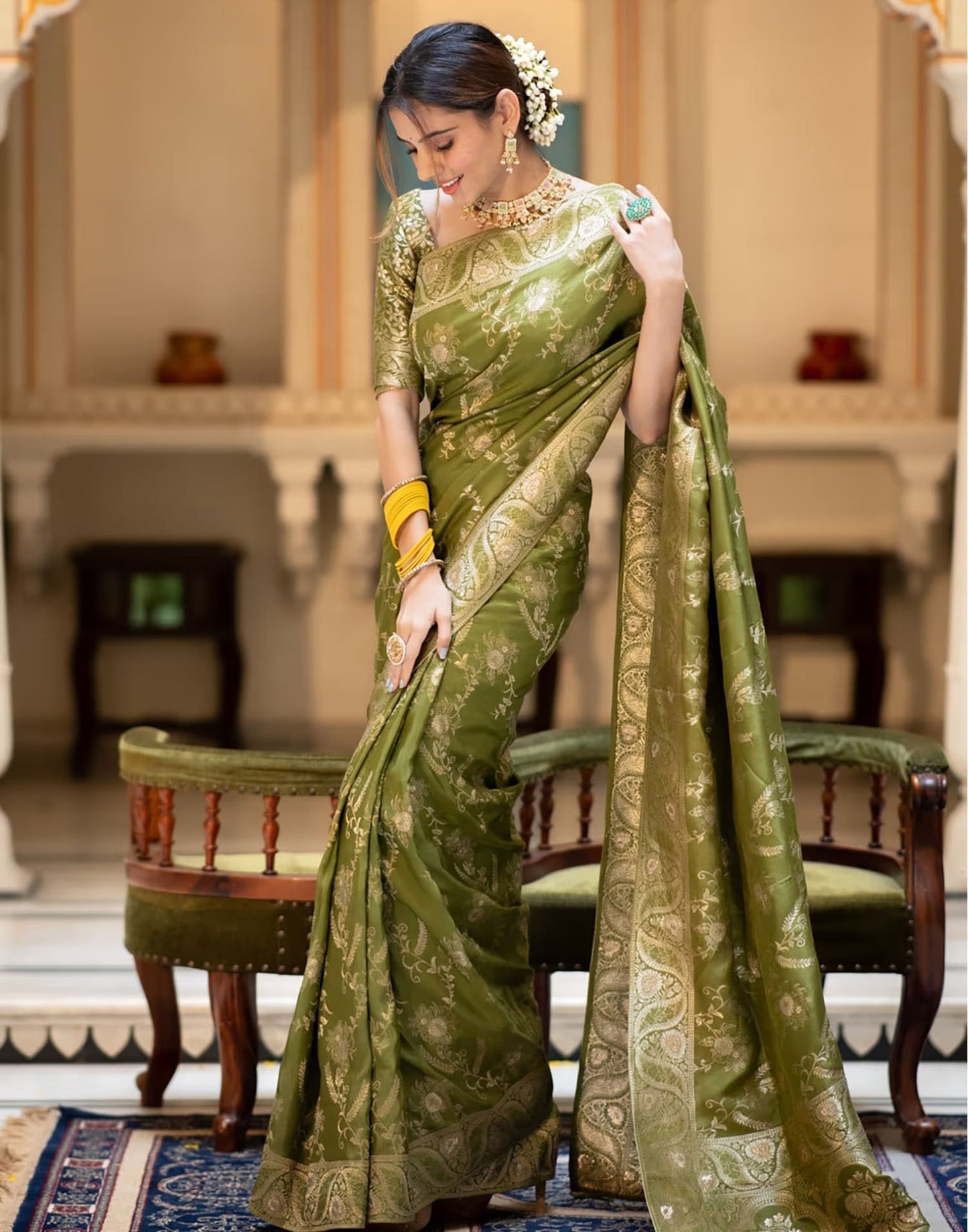 Olive Green Silk Plain Saree