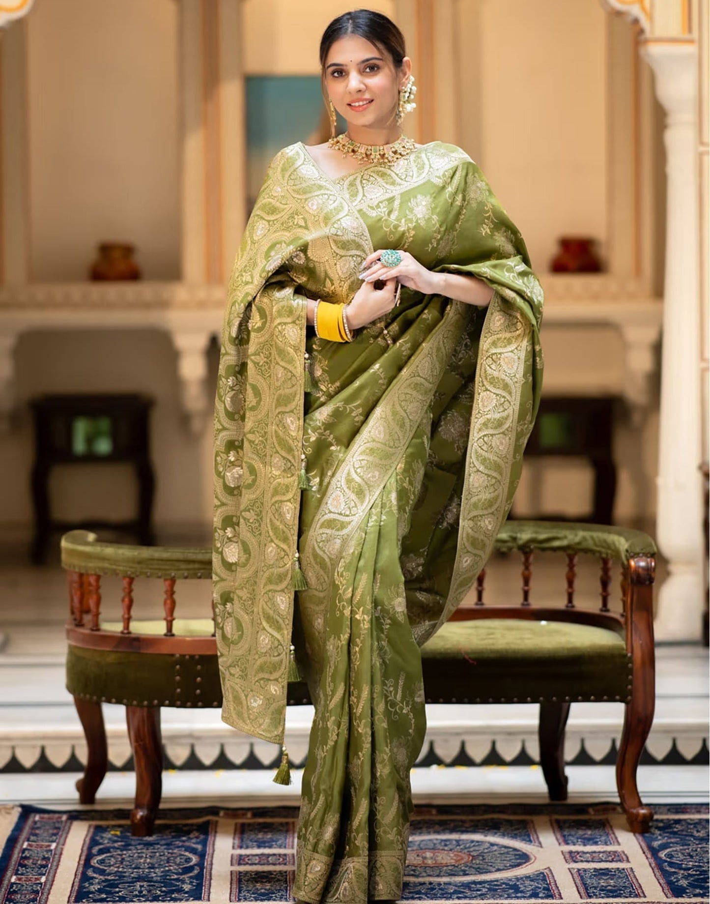 Olive Green Silk Plain Saree