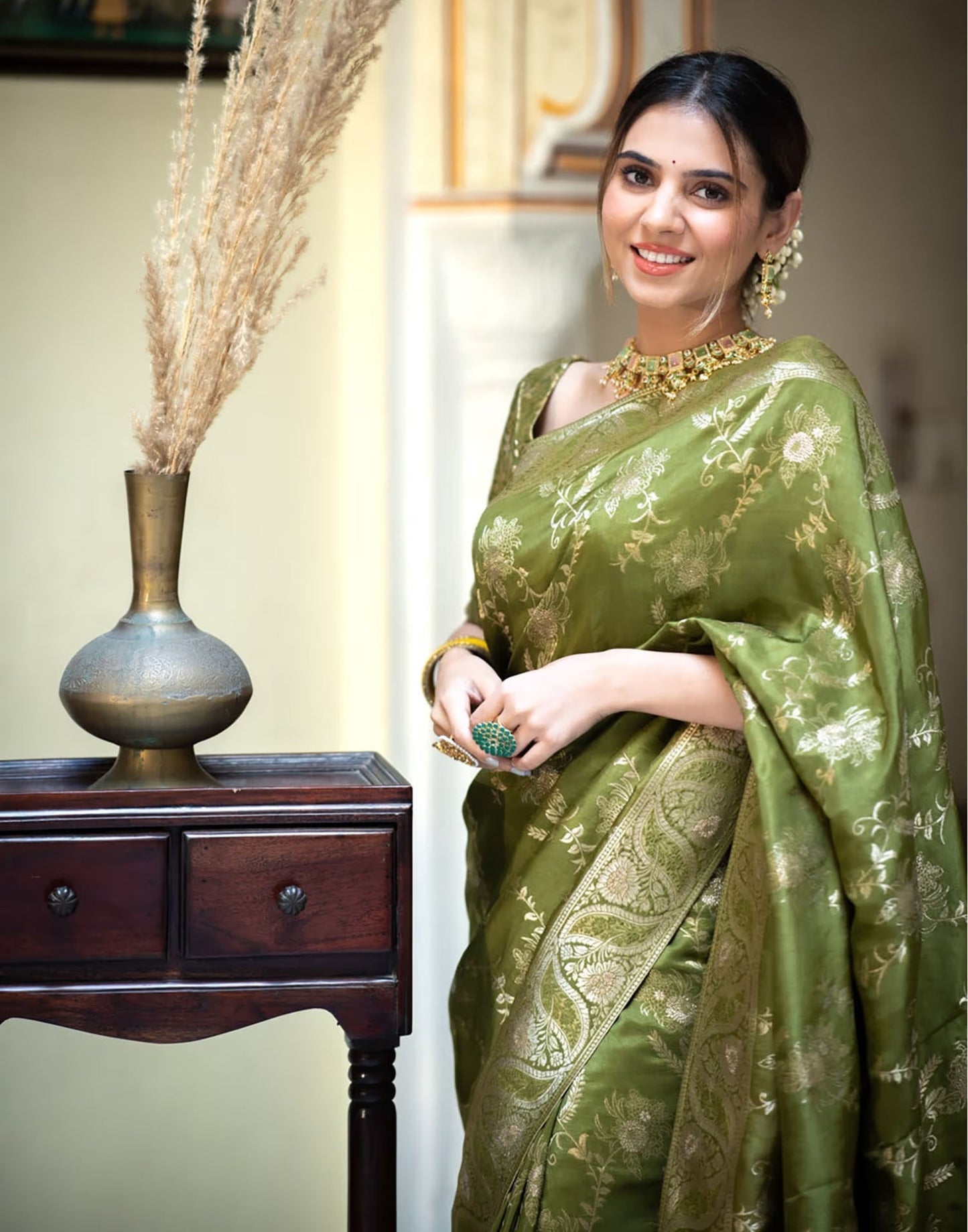 Olive Green Silk Plain Saree