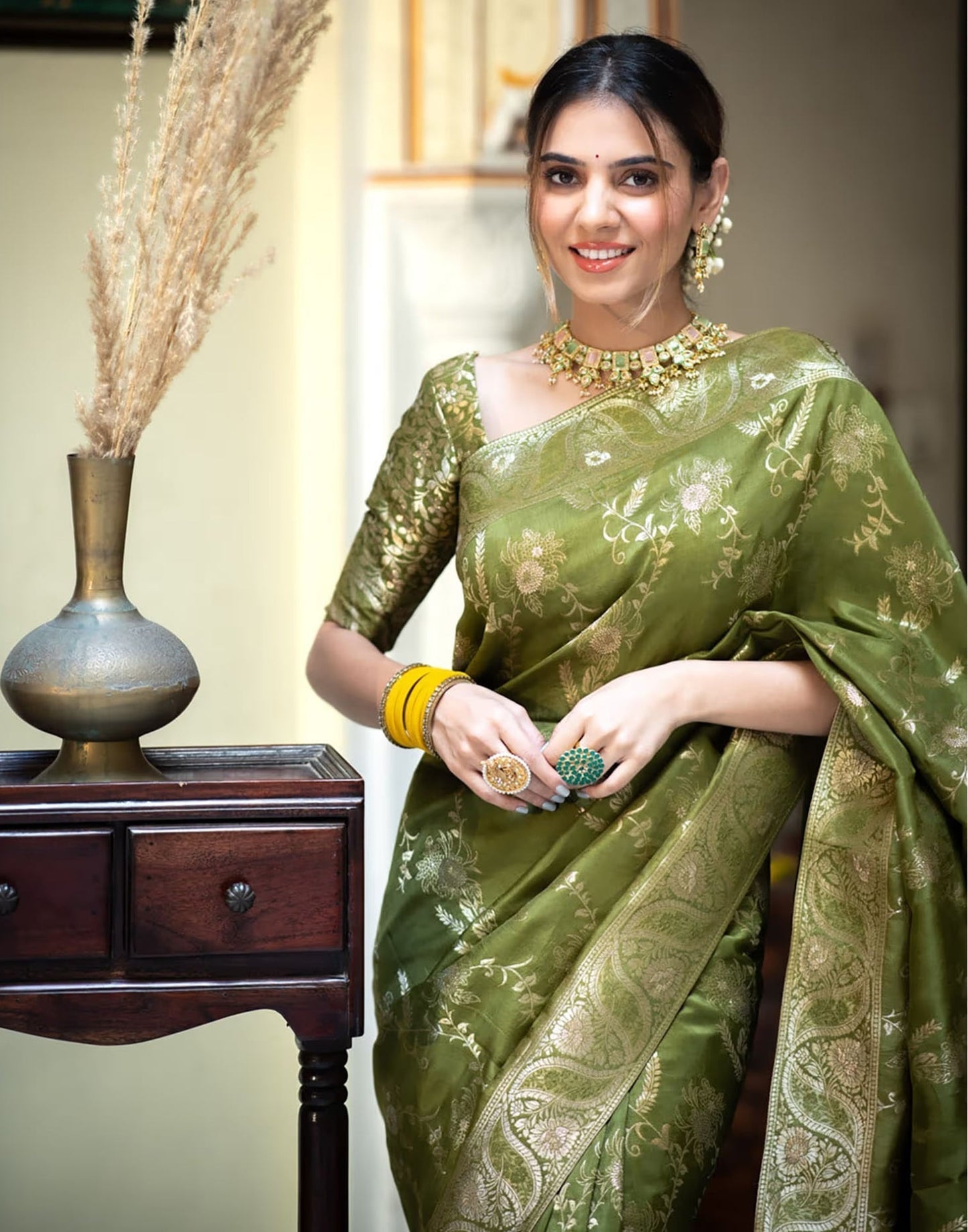 Olive Green Silk Plain Saree