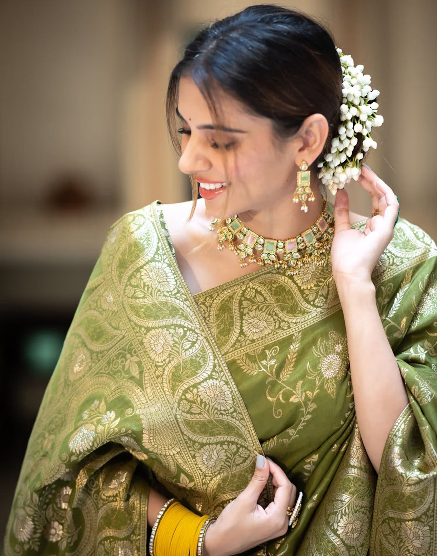 Olive Green Silk Plain Saree