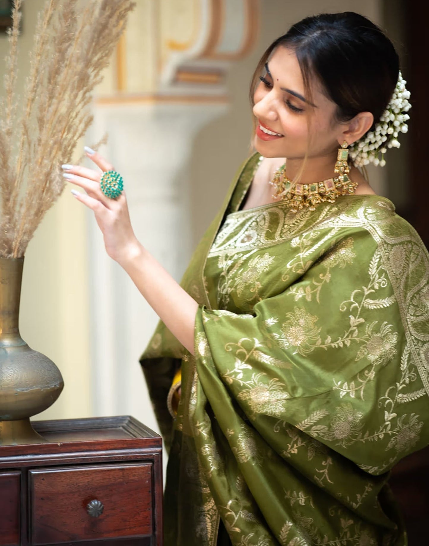 Olive Green Silk Plain Saree