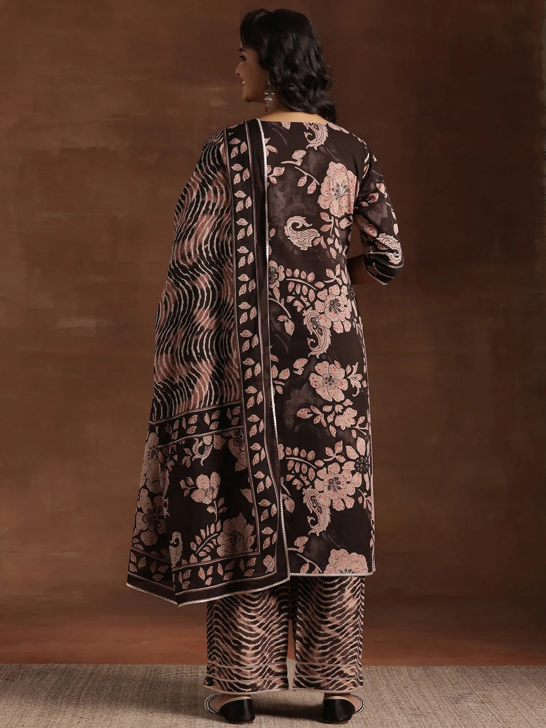 Black Printed Cotton Straight Suit With Dupatta