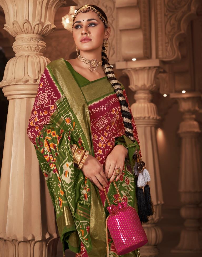 Olive Green Silk Printed Saree