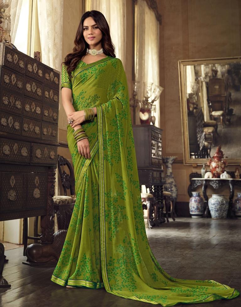 Parrot Green Georgette Printed Saree