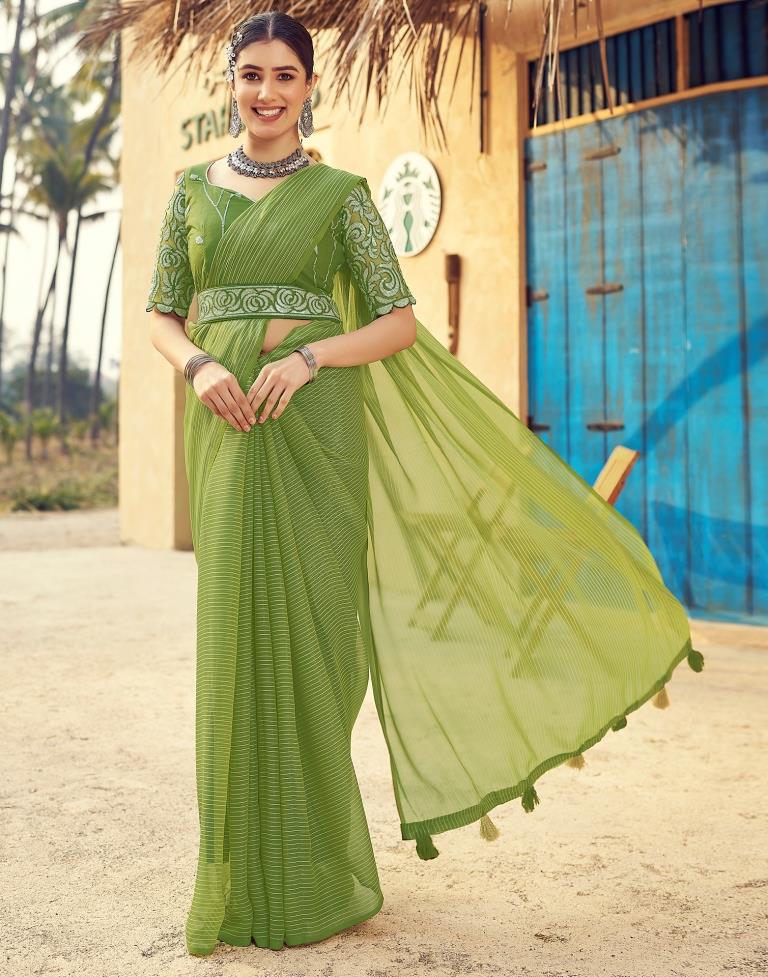 Green Chiffon Plain Saree