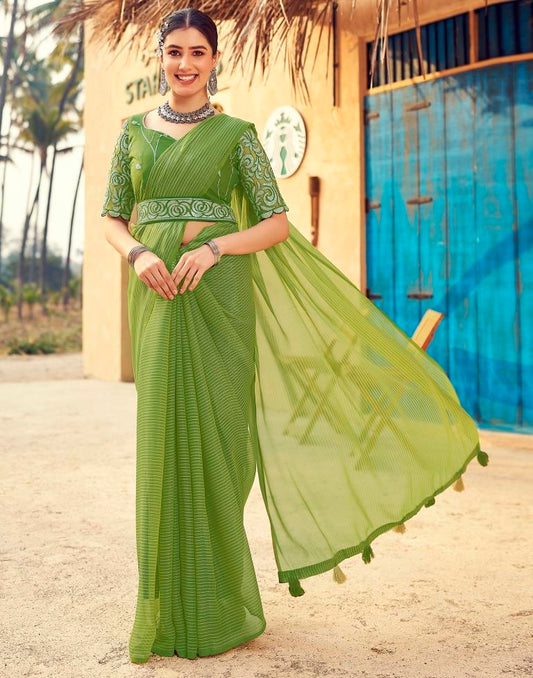 Green Chiffon Plain Saree