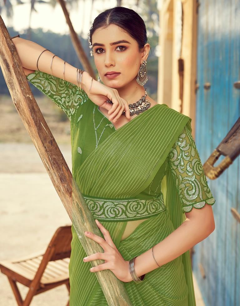 Green Chiffon Plain Saree