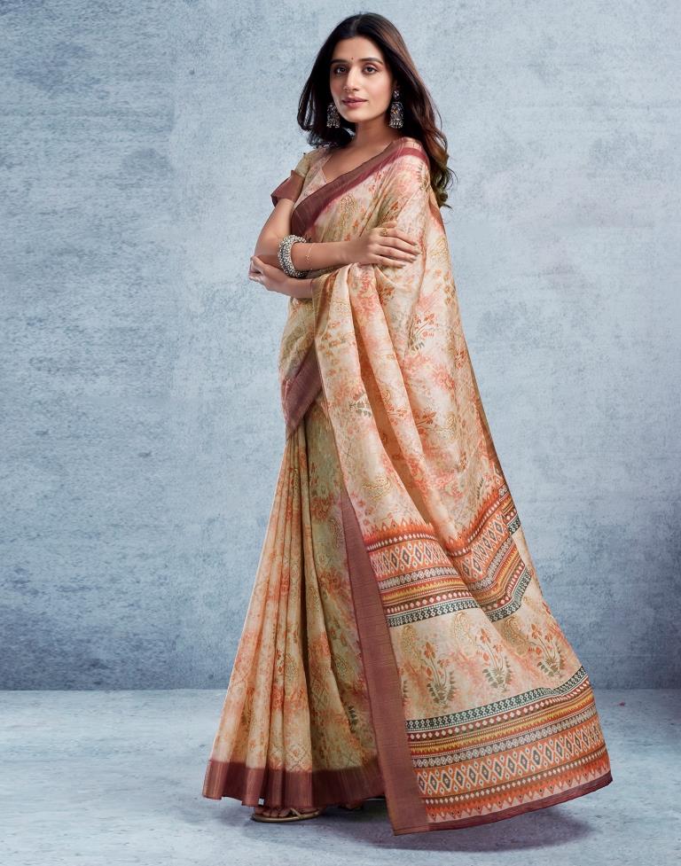 Beige & Multicoloured Silk Printed  Saree