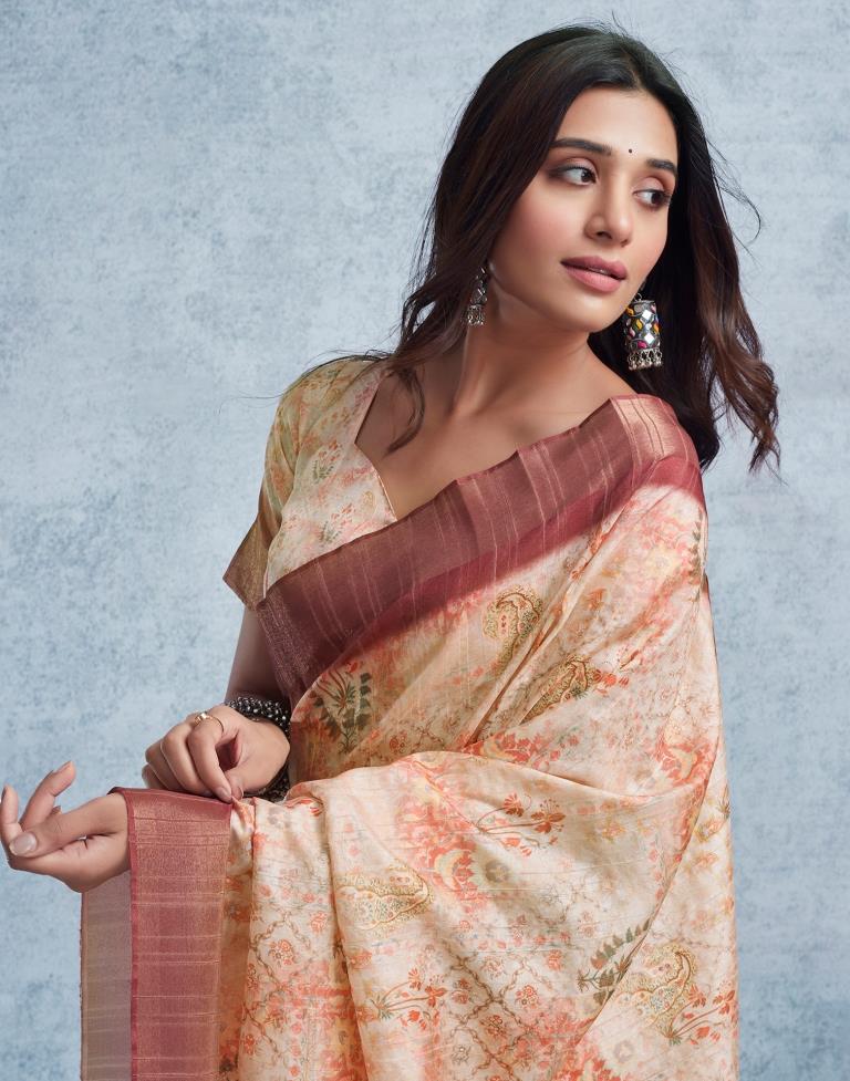 Beige & Multicoloured Silk Printed  Saree