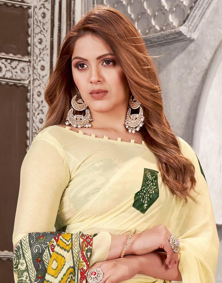 Beige & Green Georgette Printed  Saree