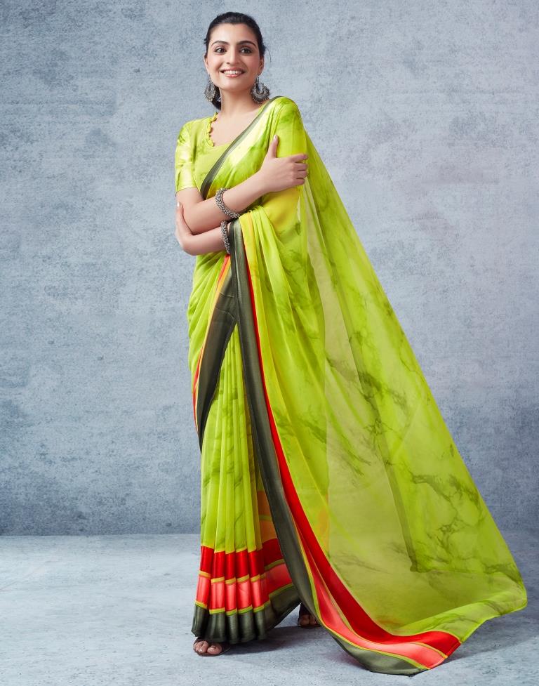 Parrot Green Georgette Printed  Saree