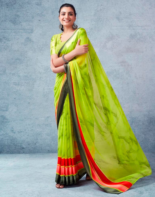 Parrot Green Georgette Printed  Saree