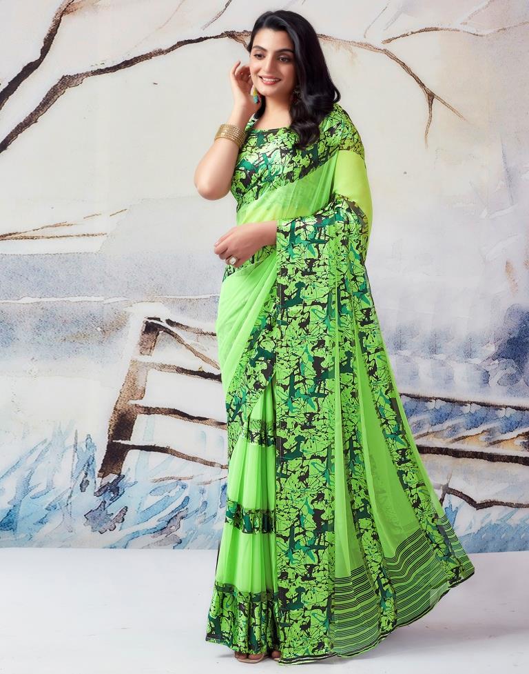 Green Georgette Printed  Saree