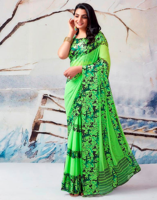 Green Georgette Printed  Saree