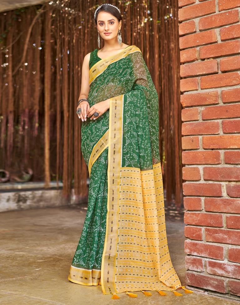 Green Linen Printed  Saree